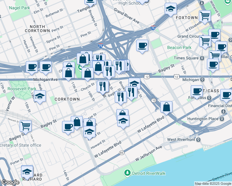 map of restaurants, bars, coffee shops, grocery stores, and more near 1365 Bagley Street in Detroit