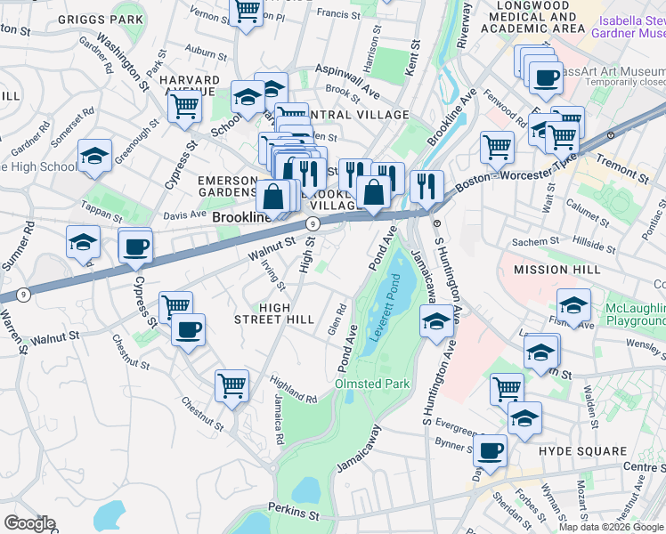 map of restaurants, bars, coffee shops, grocery stores, and more near 38 Juniper Street in Brookline