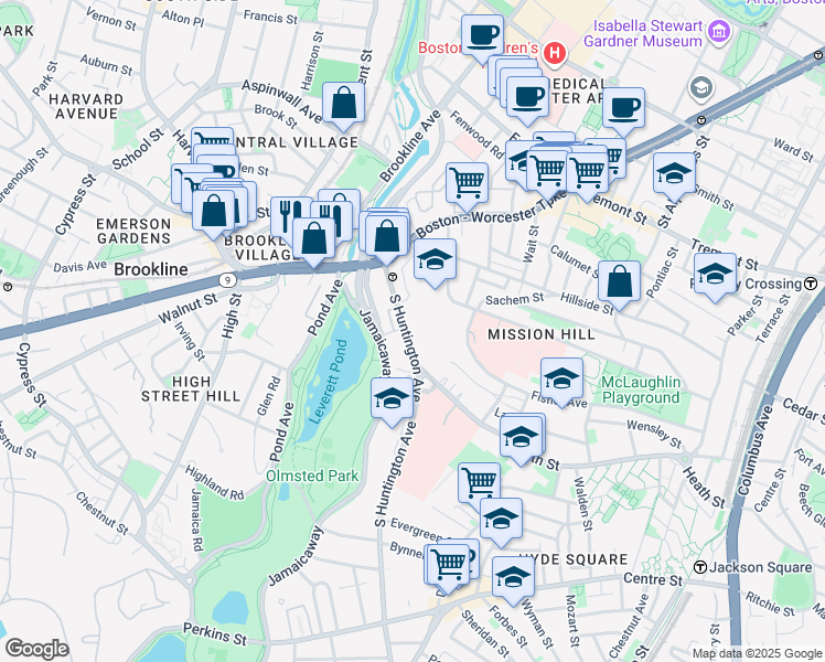 map of restaurants, bars, coffee shops, grocery stores, and more near 72 South Huntington Avenue in Boston