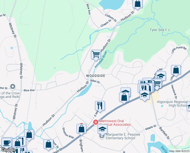 map of restaurants, bars, coffee shops, grocery stores, and more near 10 Allen Court in Northborough