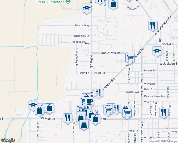 map of restaurants, bars, coffee shops, grocery stores, and more near 2300 Finley Lane in Medford