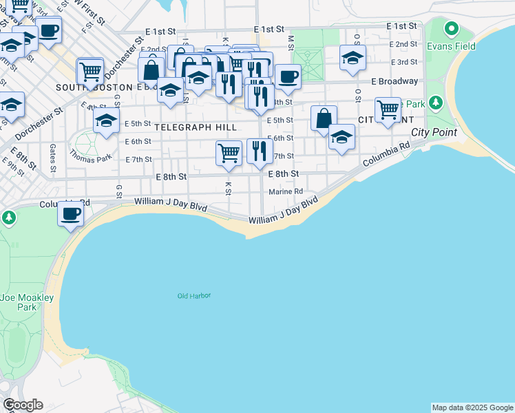 map of restaurants, bars, coffee shops, grocery stores, and more near 249 L Street in Boston