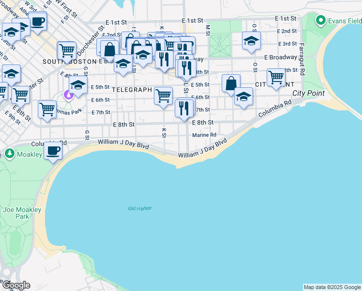 map of restaurants, bars, coffee shops, grocery stores, and more near 249 L Street in Boston