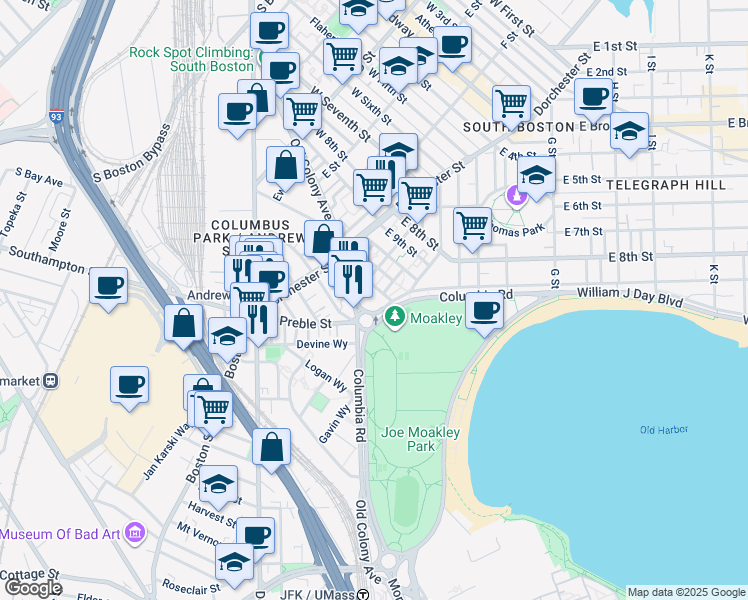 map of restaurants, bars, coffee shops, grocery stores, and more near 290 Old Colony Avenue in Boston