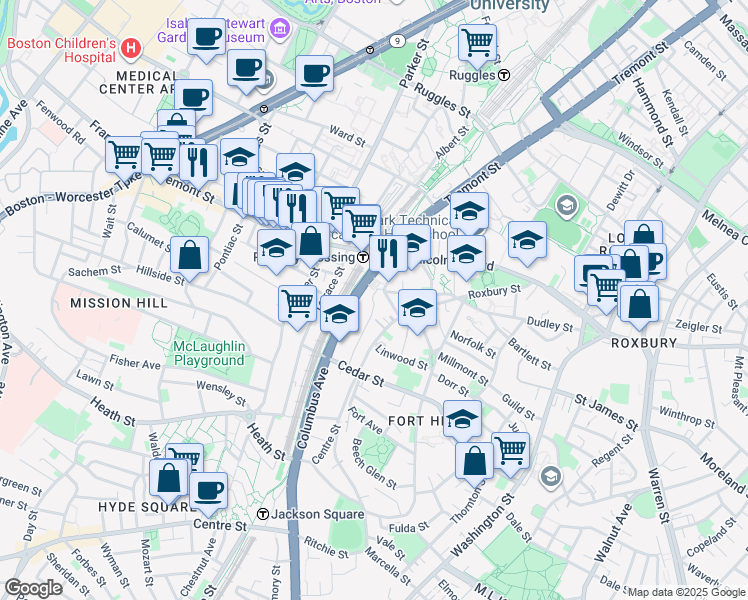 map of restaurants, bars, coffee shops, grocery stores, and more near Anita Terrace in Boston
