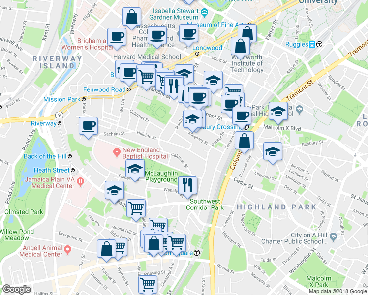 map of restaurants, bars, coffee shops, grocery stores, and more near 60 Hillside Street in Boston