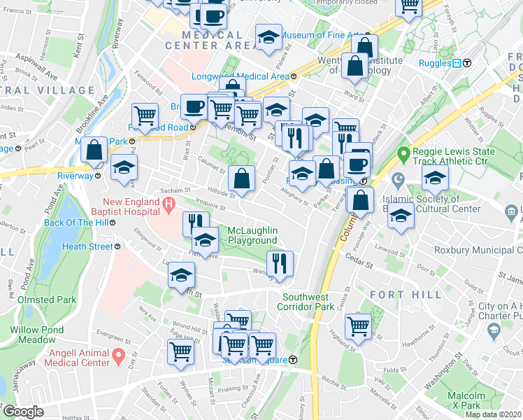 map of restaurants, bars, coffee shops, grocery stores, and more near 60 Hillside Street in Boston