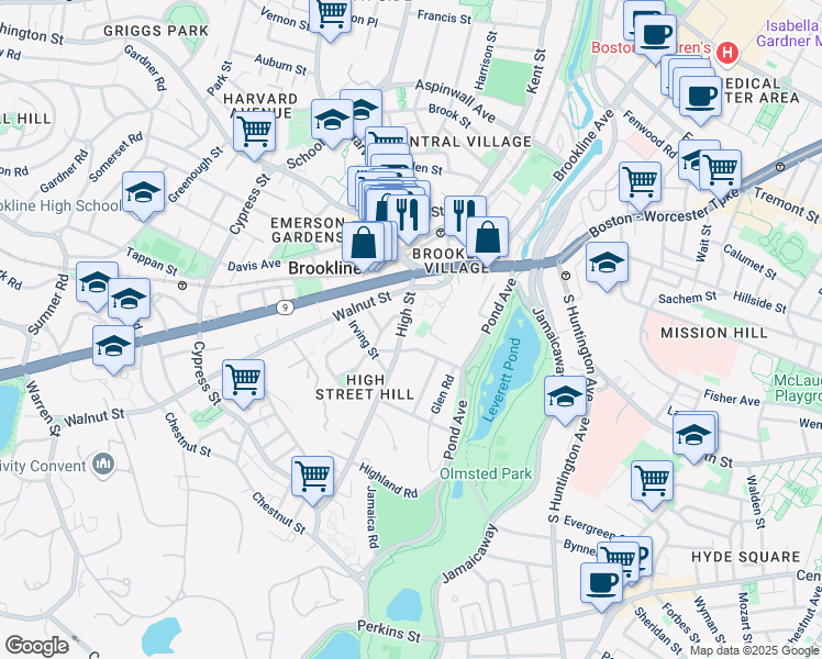 map of restaurants, bars, coffee shops, grocery stores, and more near 44 High Street in Brookline