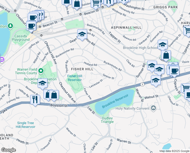 map of restaurants, bars, coffee shops, grocery stores, and more near 105 Seaver Street in Brookline