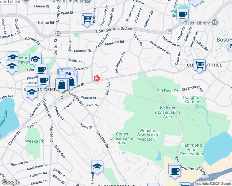 map of restaurants, bars, coffee shops, grocery stores, and more near 11BB Beacon Place in Newton