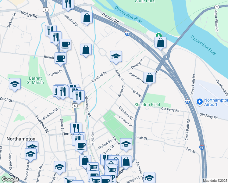 map of restaurants, bars, coffee shops, grocery stores, and more near 30 Woodbine Avenue in Northampton