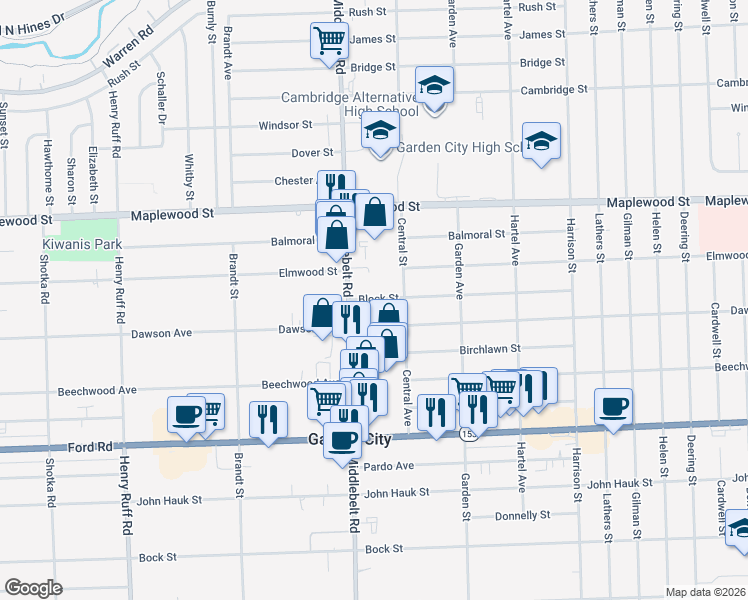 map of restaurants, bars, coffee shops, grocery stores, and more near in Garden City