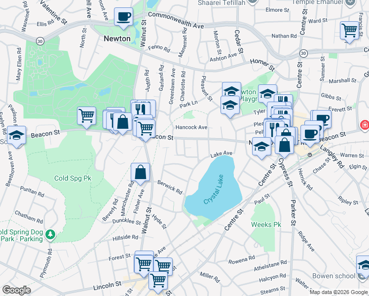 map of restaurants, bars, coffee shops, grocery stores, and more near Newbury Street in Newton