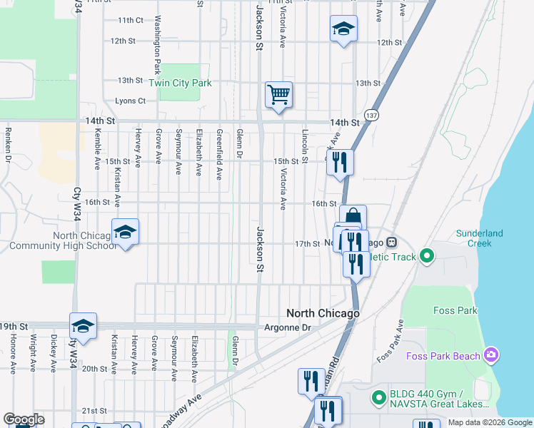 map of restaurants, bars, coffee shops, grocery stores, and more near 1611 Jackson Street in North Chicago