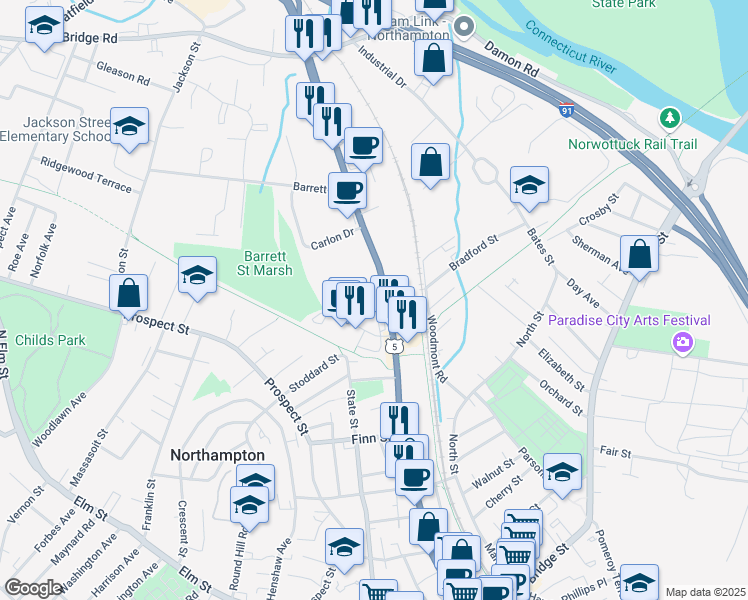 map of restaurants, bars, coffee shops, grocery stores, and more near 242 King Street in Northampton