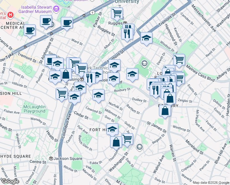 map of restaurants, bars, coffee shops, grocery stores, and more near John Eliot Square in Boston