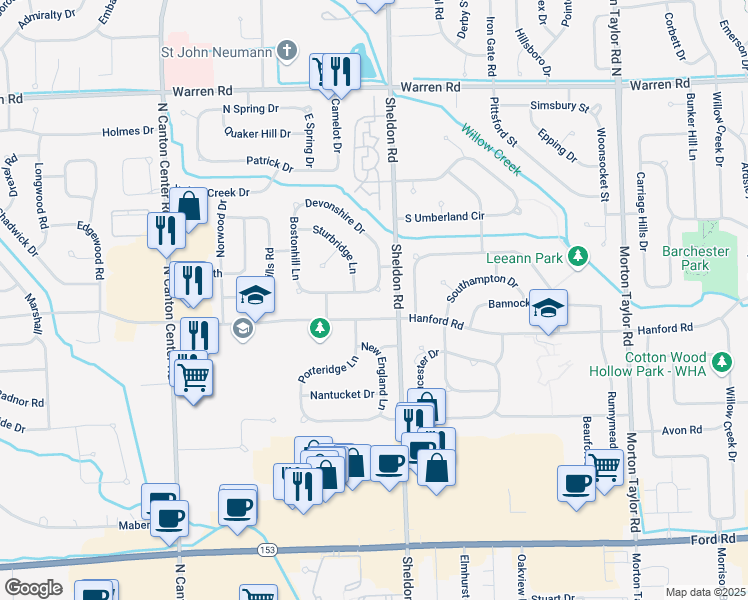 map of restaurants, bars, coffee shops, grocery stores, and more near 44531 Twyckingham Lane in Canton