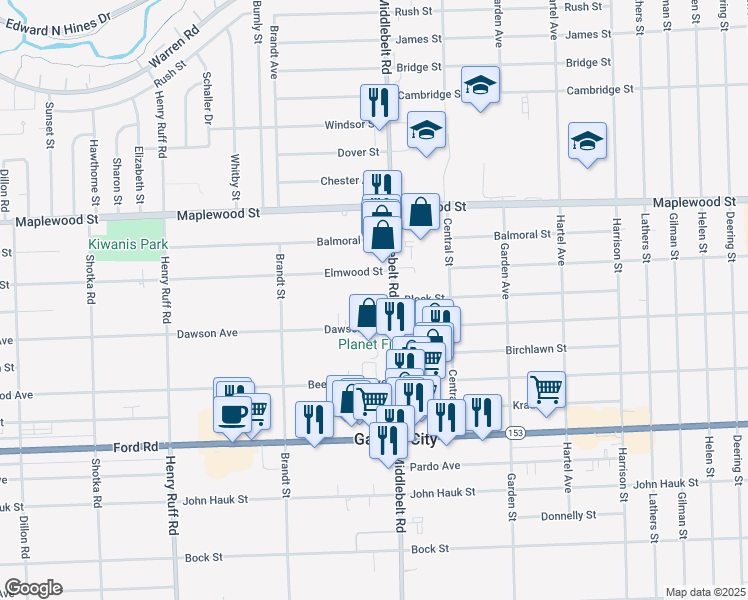 map of restaurants, bars, coffee shops, grocery stores, and more near 6071 Middlebelt Rd in Garden City