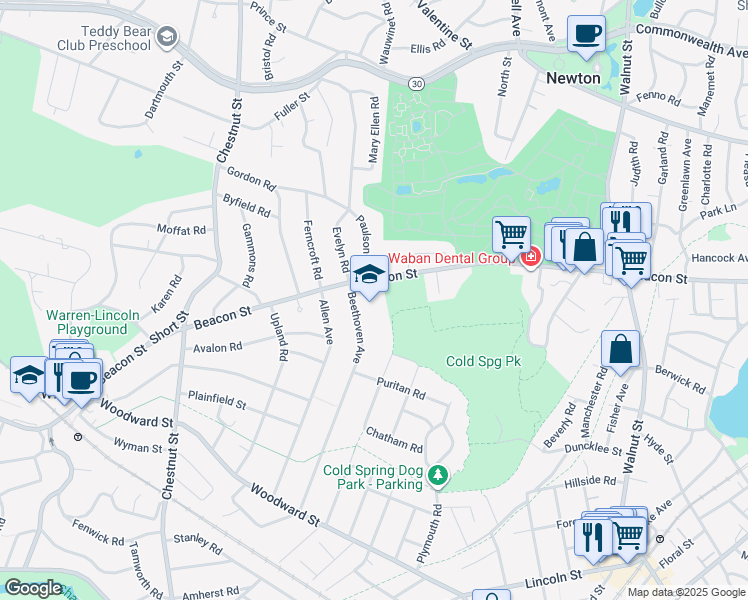 map of restaurants, bars, coffee shops, grocery stores, and more near 30 Beethoven Avenue in Newton
