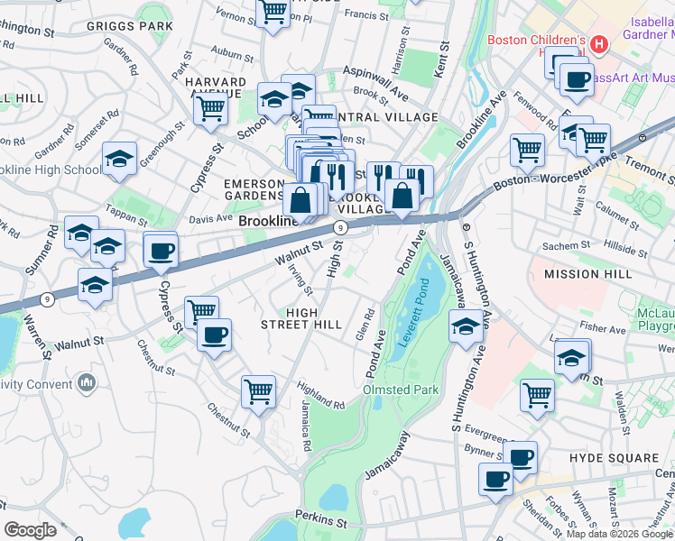 map of restaurants, bars, coffee shops, grocery stores, and more near 44 High Street in Brookline