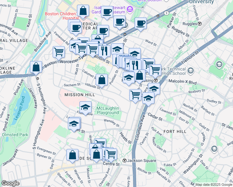 map of restaurants, bars, coffee shops, grocery stores, and more near 60 Hillside Street in Boston