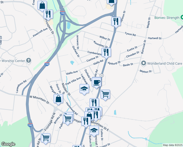 map of restaurants, bars, coffee shops, grocery stores, and more near 7 Waucantuck Rd in Worcester