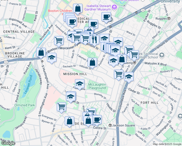 map of restaurants, bars, coffee shops, grocery stores, and more near 5 Iroquois Street in Boston