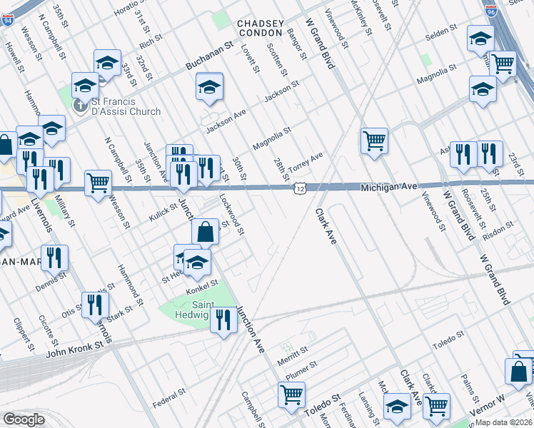 map of restaurants, bars, coffee shops, grocery stores, and more near 3346 Goldner St in Detroit