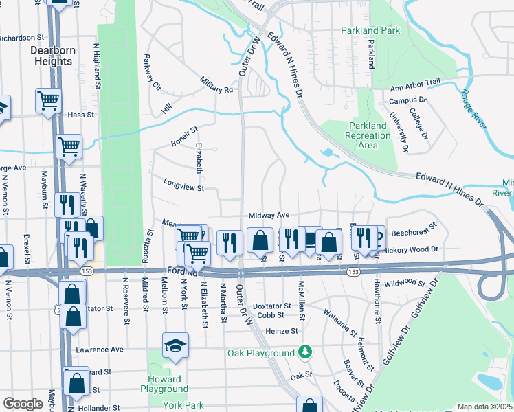 map of restaurants, bars, coffee shops, grocery stores, and more near 5929 Hubbell Street in Dearborn Heights