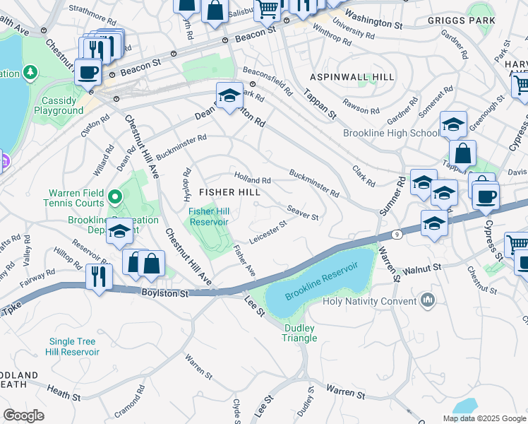map of restaurants, bars, coffee shops, grocery stores, and more near 120 Seaver Street in Brookline
