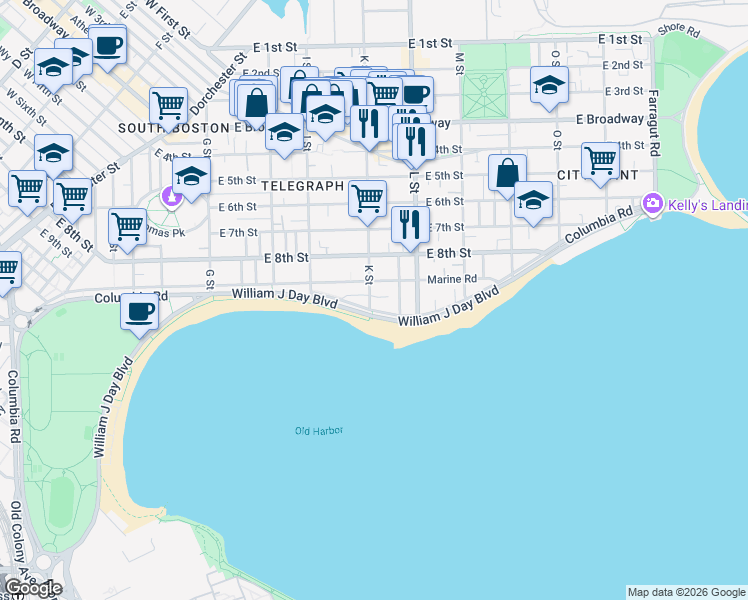 map of restaurants, bars, coffee shops, grocery stores, and more near 406 K Street in Boston