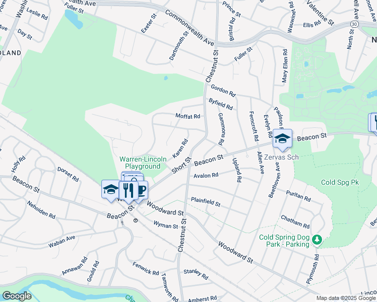 map of restaurants, bars, coffee shops, grocery stores, and more near 583 Chestnut Street in Newton
