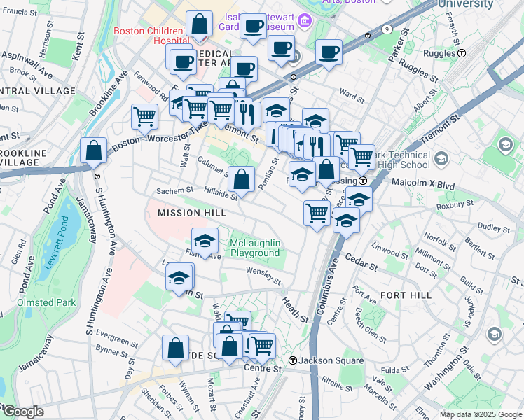 map of restaurants, bars, coffee shops, grocery stores, and more near 60 Hillside Street in Boston