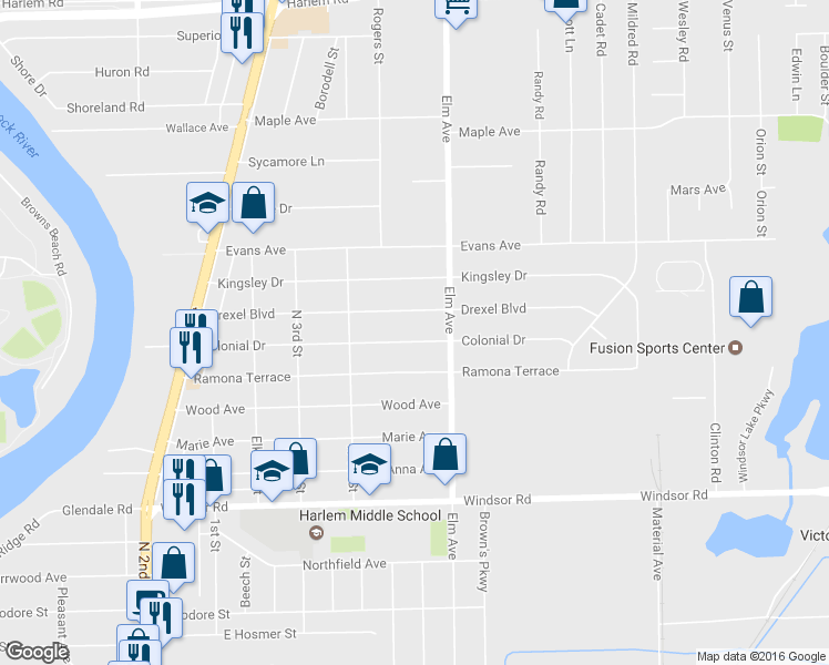 map of restaurants, bars, coffee shops, grocery stores, and more near 1006 Colonial Drive in Machesney Park