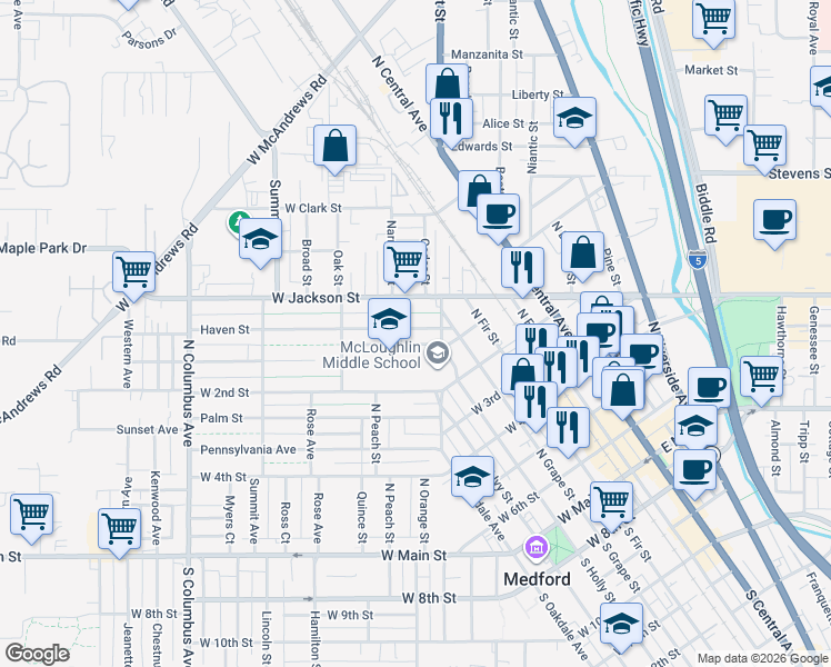 map of restaurants, bars, coffee shops, grocery stores, and more near 217 Haven Street in Medford
