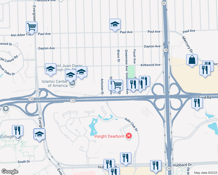 map of restaurants, bars, coffee shops, grocery stores, and more near 5671 Stahelin Avenue in Detroit