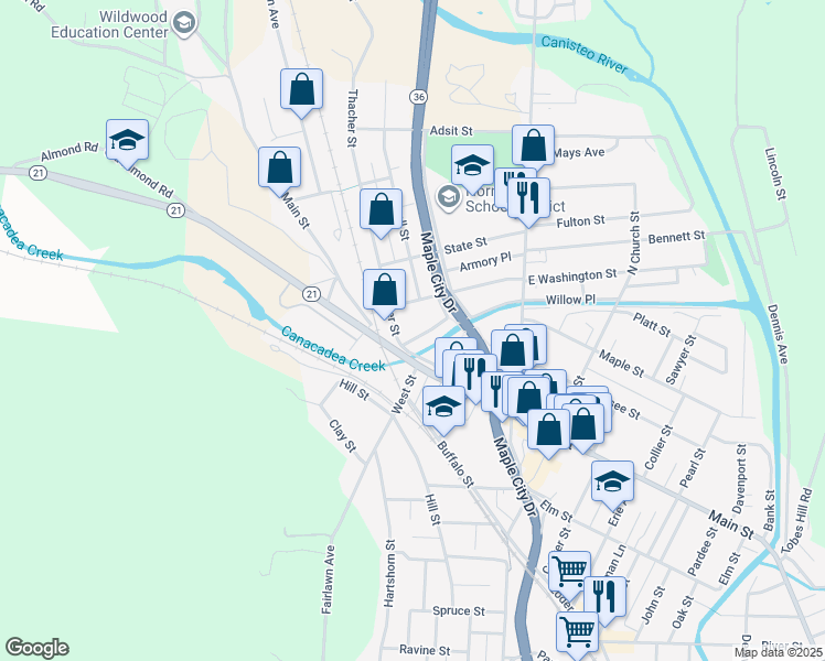 map of restaurants, bars, coffee shops, grocery stores, and more near 18 Ransom St in Hornell