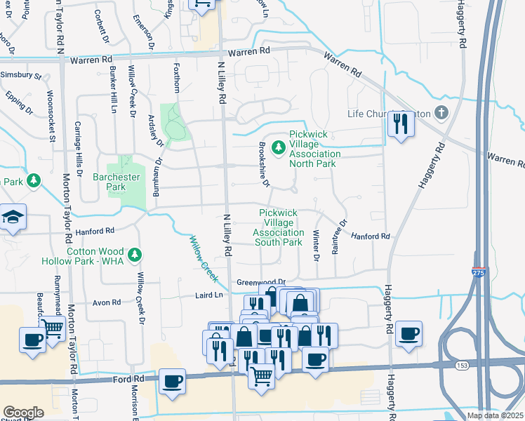 map of restaurants, bars, coffee shops, grocery stores, and more near 42205 Hanford Road in Canton