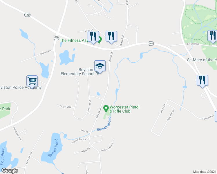 map of restaurants, bars, coffee shops, grocery stores, and more near 211 Sewall Street in Boylston