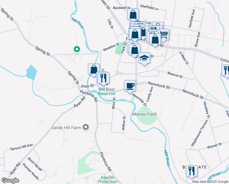 map of restaurants, bars, coffee shops, grocery stores, and more near 207 Nonotuck Street in Northampton