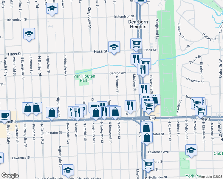 map of restaurants, bars, coffee shops, grocery stores, and more near 5938 Fenton Street in Dearborn Heights