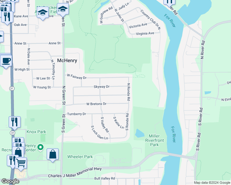 map of restaurants, bars, coffee shops, grocery stores, and more near 3120 West Lorient Drive in McHenry