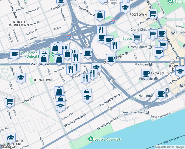 map of restaurants, bars, coffee shops, grocery stores, and more near 1248 Labrosse Street in Detroit