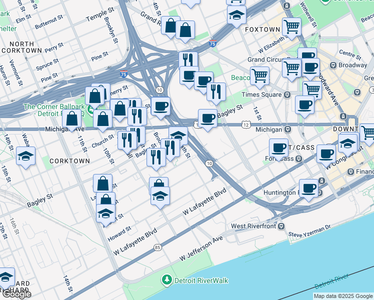 map of restaurants, bars, coffee shops, grocery stores, and more near 1430 Sixth Street in Detroit