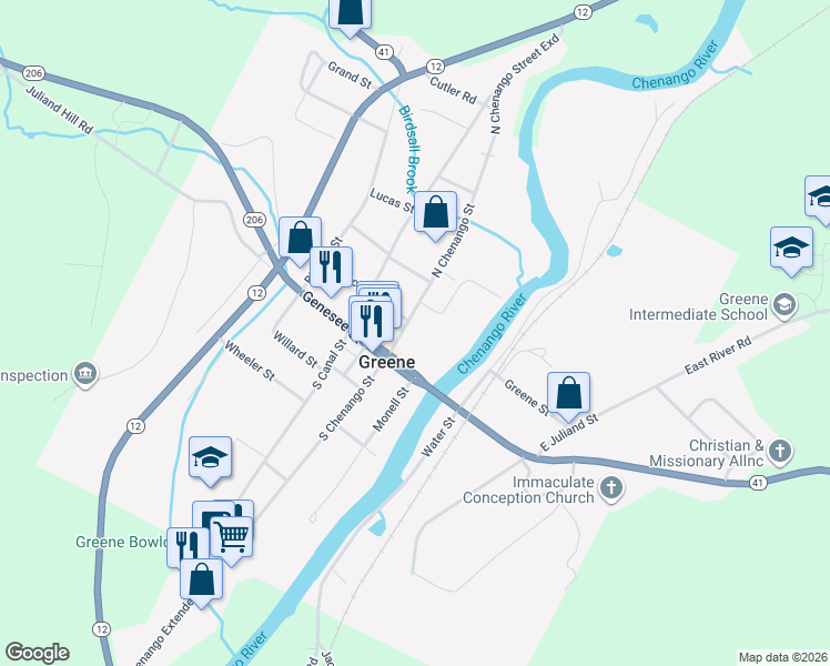 map of restaurants, bars, coffee shops, grocery stores, and more near 10 North Chenango Street in Greene