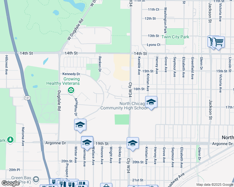 map of restaurants, bars, coffee shops, grocery stores, and more near 7 Prairie View Court in North Chicago