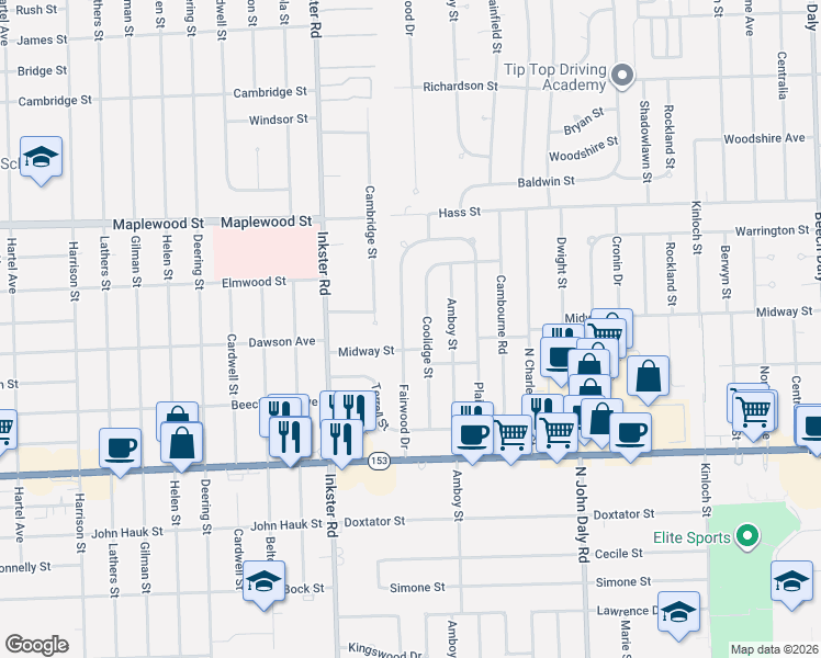 map of restaurants, bars, coffee shops, grocery stores, and more near 6046 Fairwood Drive in Dearborn Heights