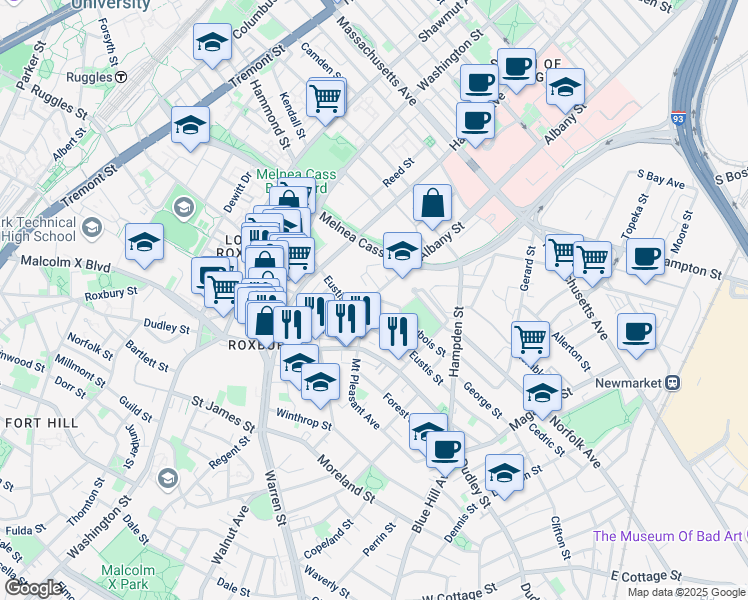 map of restaurants, bars, coffee shops, grocery stores, and more near 25 Ambrose Street in Boston