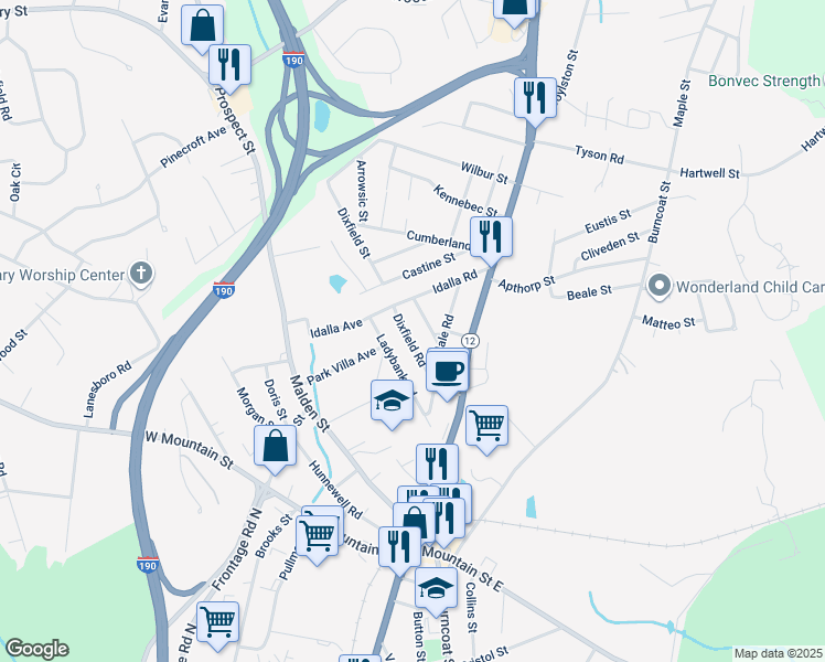 map of restaurants, bars, coffee shops, grocery stores, and more near 7 Waucantuck Road in Worcester