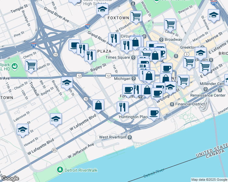 map of restaurants, bars, coffee shops, grocery stores, and more near 608 Howard Street in Detroit